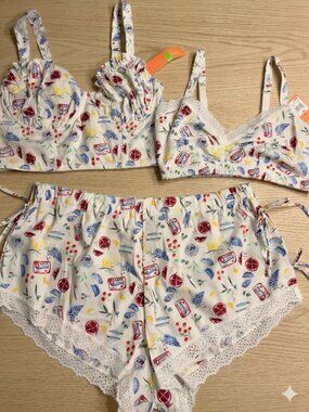 Closie 3 Pc Pajama Set XL NWT Shorts, Bra + Wired Bralette Lace Trim Sleepwear